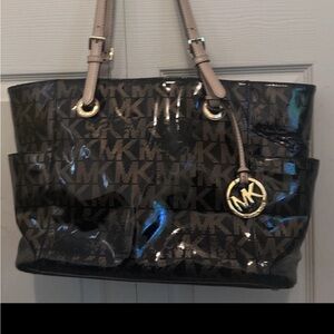 Michael Kors Glossy Black and Tan Logo Tote